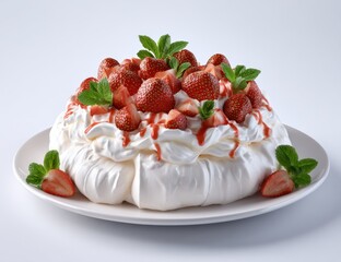 Delicious pavlova dessert topped with fresh strawberries and mint leaves on a white plate