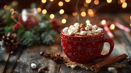 Festive red mug filled with hot cocoa and marshmallows cozy winter scene