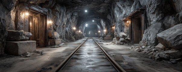 Fototapeta premium Dark and Mysterious Abandoned Mine Tunnel with Dim Lighting and Rail Tracks