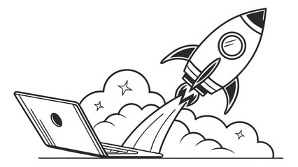 Laptop launching a rocket through clouds and stars illustration in black and white style drawing