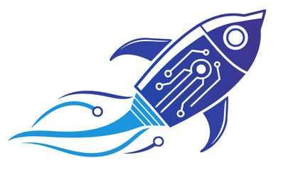 Illustration of a blue and white rocket with circuit board design and flame trails on a white background