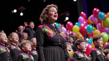 An emotional scene of a mother standing at the edge of the stage, focused on her child performing with a group of classmates. The background represents a joyful ambiance with balloons and cheering