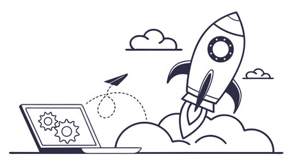 Illustration of a laptop with gears on the screen and a rocket launching with a paper airplane nearby