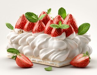 Delicious strawberry shortcake with whipped cream and fresh mint leaves on a