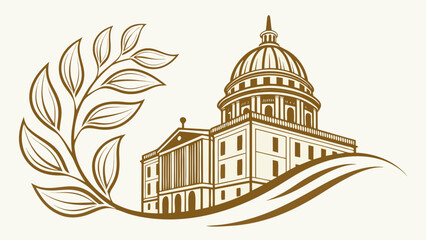 Illustration of a capitol building with a dome and a decorative olive branch to the side