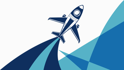 Illustration of a dark blue airplane taking off with blue abstract shapes in the background design