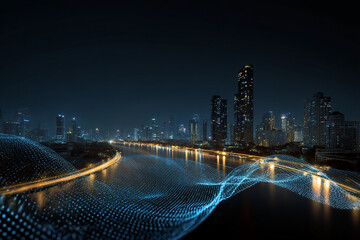 A futuristic cityscape at night with glowing blue digital data waves flowing through the urban landscape symbolizing connectivity and smart city technology