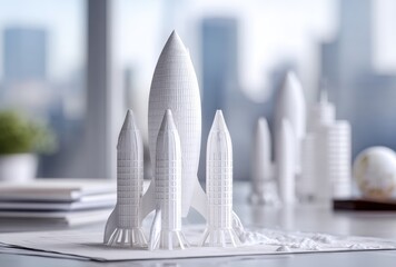Detailed miniature model of multiple rockets and spacecraft on a white with blurred cityscape