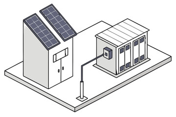 Vector illustration of small building with solar panels on roof connected to an electrical unit, illustrating distributed solar power generation and energy management
