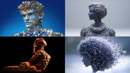 and keywords based on the image you sent

 Digital Sculptures of Human Figures Rendered in Abstract Textures and Geometric Forms