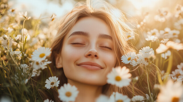 A person lying peacefully, calmly and relaxing, the concept of healing the soul with light and nature