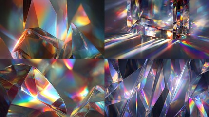 Four image panels display crystalline structures refracting light, showcasing prisms with colorful dispersion