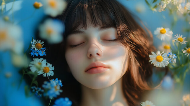 A person lying peacefully, calmly and relaxing, the concept of healing the soul with light and nature