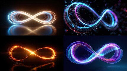 Infinity symbols glowing  neon, fire, light trails with bokeh on dark backgrounds