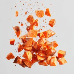 Dynamic image of chopped sweet potatoes scattered mid-air against a light
