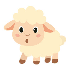 Fototapeta premium Cute surprised sheep cartoon character with curly wool, light beige color.