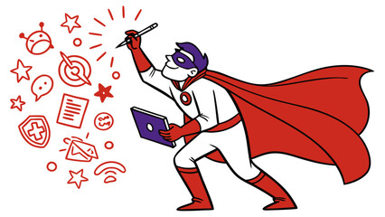 Cartoon superhero designer mascot holding tablet and stylus, creative funny character illustration in bold doodle style for stock, stickers, and vector art