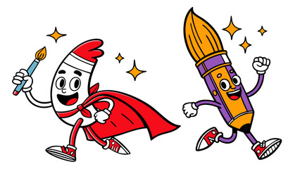 Funny cartoon illustration of vector tools as cute characters, pen tool, brush, eraser, and palette in creative doodle style for stickers, stock, and icons
