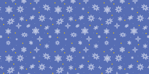 Christmas Hand Drawn Seamless Pattern with Cute Geometrical Snowflakes on Blue Background. Winter backdrop with falling snow, simple design perfect for cards, web, banners, poster, wrapping paper