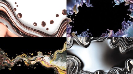 and keywords based on the images you provided

 Fluid Liquid Metal Abstract Art Collection, Dynamic Splashes, Waves, Swirls, and Bubbles