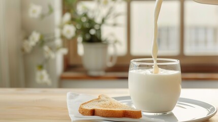 A Warm Breakfast of Fresh Milk Paired With Crispy Toast&mdash;Golden-Brown Baked Bread, Smooth Milk, and a Simple Yet Nutritious Morning Meal Perfect for Starting the Day With Energy