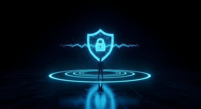 Cyber Security Concept Digital Shield Lock Glowing Person Standing in Center Data Protection Privacy Antivirus Firewall Future Technology Design