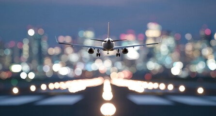 Jet airplane landing at night, city lights bokeh