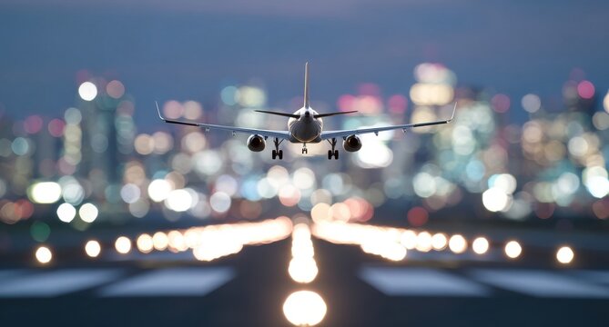 Jet airplane landing at night, city lights bokeh