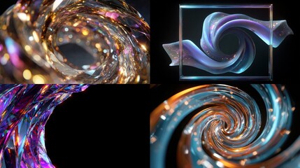 Abstract Shimmering translucent vortexes with colorful light particles on dark backgrounds