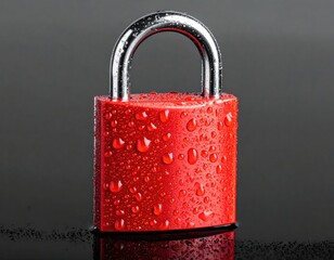 Red padlock with water droplets on dark, reflective surface