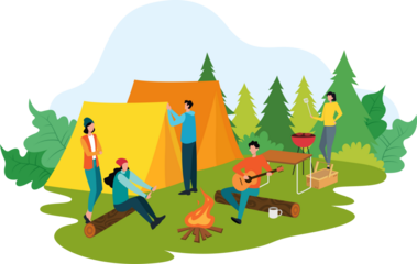 Friends Gathered Around Tents at Summer Picnic Spot with Campfire in Flat Vector Style Illustration with Green Trees and Sky Background