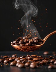 Steaming coffee beans in a spoon, against black backdrop