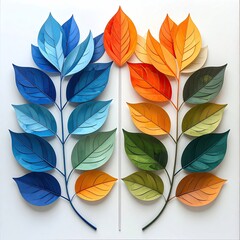 Paired stems w/ colorful paper-cut leaves on white ground