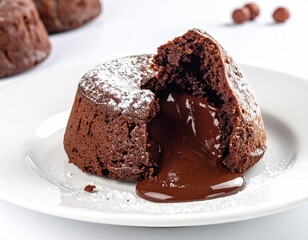 Chocolate lava cake oozing gooey center, powdered sugar dust