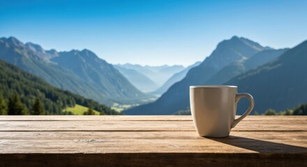 Mountain vista with a coffee cup on a wooden table