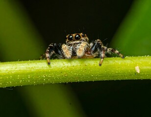 Close-up of a jumping spider on a stem