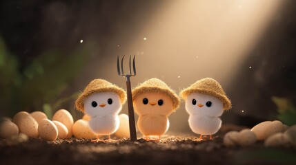 Adorable fluffy chicks in straw hats with eggs and pitchfork