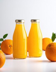 Two juice-filled bottles nestled among fresh oranges