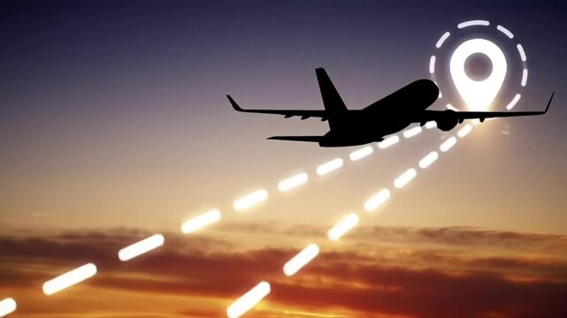 airplane flight path destination at sunset