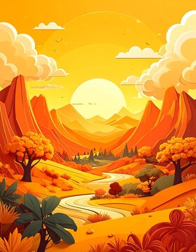 Autumnal landscape with a meandering river, sunlit mountains, and stylized trees under a vibrant, yellow sky