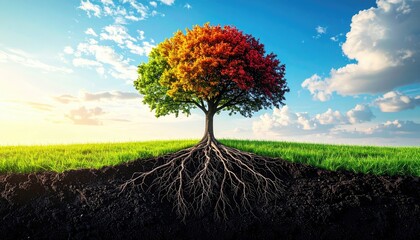 Colorful tree rooted in earth, sky & grass above