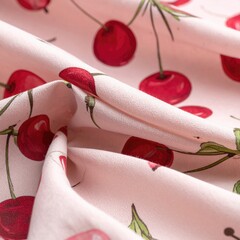 Folded pink fabric with a bright red cherry print