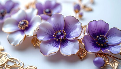 Elegant purple/white flower jewelry on a white surface