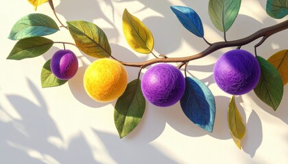 Stylized fruit on branch, with vibrant leaf color variations