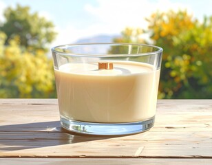 Candle in glass container, wooden wick, nature background