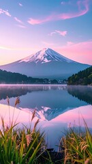 Snow-capped mountain reflects in serene lake at dawn