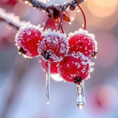 Frozen red berries cling to branch with icicles