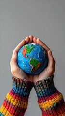 Hands hold clay world. Vibrant sweater, gray backdrop