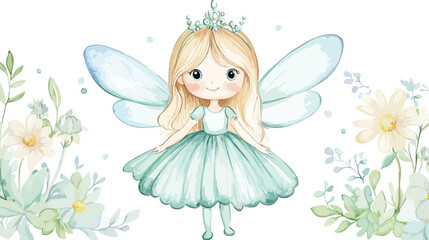 Whimsical watercolor fairy with delicate wings and a crown surrounded by soft floral elements