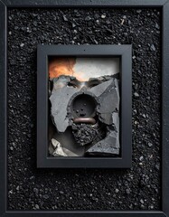 Abstract framed art; broken concrete covers a portrait face
